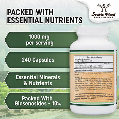 Panax Ginseng Korean Red Variety 4 Month Supply 240 Vegan Capsules 1000mg per Serving for Mood Cognitive Function and Energy Support by Double Wood Supplements