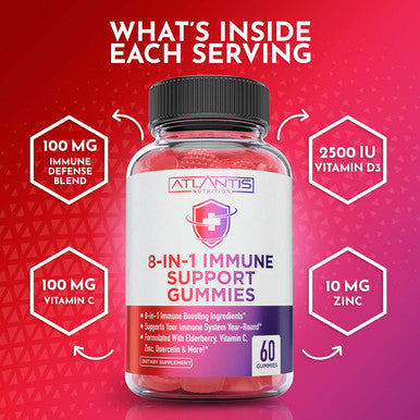 Atlantis Nutrition 8-In-1 Immune Support Gummies W/Elderberry - Immune Support Supplement W/Elderberry, Quercetin, Zinc & Vitamin C Gummies - Immunity Boosters For Adults & Kids - Delicious Elderberry Flavor - 60 Count