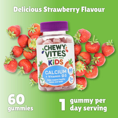 Chewy Vites Kids Calcium and Vitamin D3 60 Kids Calcium Gummies Help Support Healthy Bones and Teeth 2 Months Supply Real Fruit Juice Vegan Age 3 + Strawberry Flavour