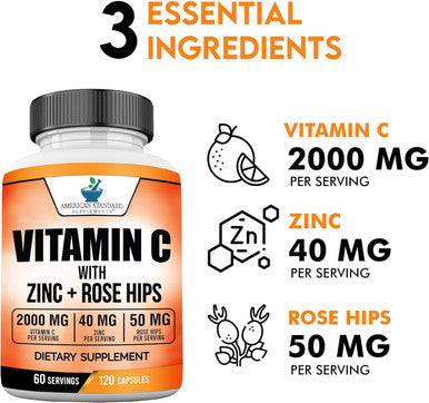 American Standard Supplements Vitamin C 2000Mg, Zinc 40Mg, And Rose Hips 50Mg Per Serving ÃƒÂ¢Ã¢â€šÂ¬Ã¢â‚¬Å“ Vegan, Gluten Free, Non-Gmo, 120 Capsules, 60 Servings