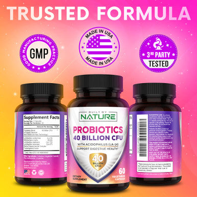 Built Nature Probiotics 40 Billion Cfu - 4 Diverse Strains + Prebiotic - Digestive & Gut Health - Supports Occasional Constipation, Diarrhea, Gas & Bloating - Probiotics For Women & Men - 60 Capsule