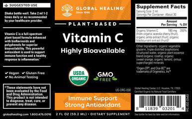 Global Healing USDA Organic Vitamin C Drops 180mg, Liquid Vitamin C Plant-Based Antioxidant Supplement, Supports Immune System, Collagen, and Natural Energy for Adults, Men and Women (2 Oz)