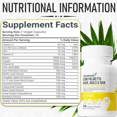 Hair, Nails & Skin Care With Saw Palmetto, Biotin, Amla, Vitamins A, C, E, Zinc, Copper, Black Seed Extract, Fo-Ti - 60 Non-Gmo, Gluten Free, Veggie Capsules For Men And Women