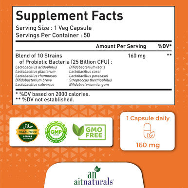 Aitnaturals Probiotic 10-25 Billion (50 veg Capsules) | Support Intestinal & Digestive Balance Ideal Immune System Bowel regularity function| Promotes Healthy Skin Optimize mental Health| Non-GMO