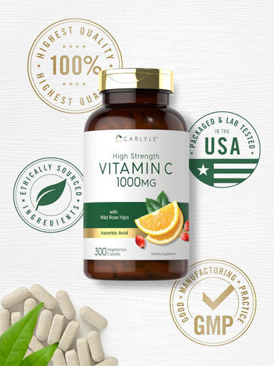 Carlyle Vitamin C 1000mg | 300 Vegetarian Caplets | Ascorbic Acid with Wild Rose HIPS | High Strength Formula | Non-GMO and Gluten Supplement