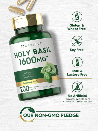 Carlyle Holy Basil 1600 Mg | 200 Capsules | Tulsi Holy Basil Leaf Extract | Herbal Supplement | Non-Gmo, Gluten Free