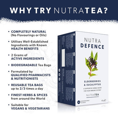 Nutra Tea NUTRADEFENCE - Cold and Flu Tea | Immunity Tea - Supports & Boosts The Immune System Includes Elderberry Eucalyptus and Licorice Root - 20 Enveloped Tea Bags Herbal Tea