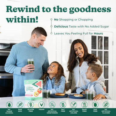 Rewind Best Tasting Super Greens Powder with 40+ Superfoods - Delicious Daily Green Powder with Vitamin B12 Zinc Vitamin C Magnesium & Calcium - Green Juice Superfood Mix - Peach Flavor