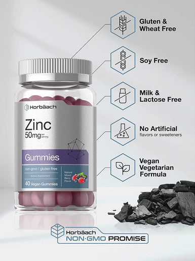 Zinc Gummies | 40 Count | Vegan, Non-GMO, Gluten Free | Mixed Berry Flavor | by Horbaach