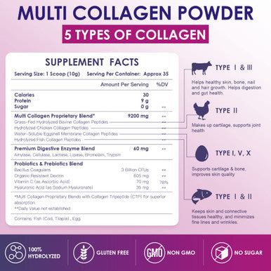 Nature Target Multi Collagen Peptides Powder - Type I, Ii, Iii, V, X - Hydrolyzed Collagen Peptides With Vitamin C Hyaluronic