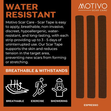 Motivo Scar Tape - 200 X1 Roll (20 Strips) Water And Sweat Resistant Scar Tape, Latex-Free, Sticks For 3-5 Days Scar Tape For Surgical Scars, C Section, Burns, Gender Affirming Surgery - Espresso