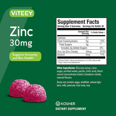 Zinc Gummies Adult & Teens - 30Mg - Immune Health Support & Antioxidant Support - Vitamin Zinc Supplement - Vegan, Gelatin Free, Gmo - Tasty Chewable Berry Flavored Gummy
