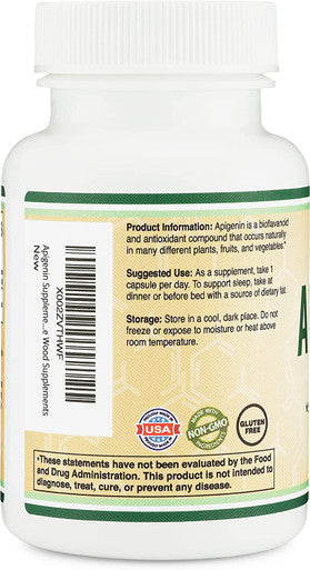 Apigenin Supplement 50mg per Capsule 120 Count Powerful Bioflavonoid Found in Chamomile Tea for Relaxation Nighttime and Mood Manufactured and Tested in The USA by Double Wood Supplements
