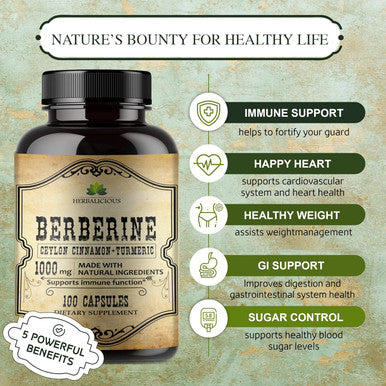 Herbalicious Berberine Capsules Ceylon Cinnamon & Turmeric - Berberine HCL Dietary Supplement for Men and Women Non GMO Berberine 1000mg Ideal for Immune Support Heart Cholesterol Level
