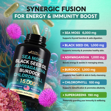 NUTRAHARMONY Irish Sea Moss | Black Seed Oil | Ashwagandha | Burdock | Chlorophyll | Supergreens - Made In Usa Pills - Natural Multi Supplements Blend - Immunity, Detox, Energy Support - 15000Mg, 90 Vegan Capsules
