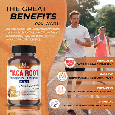 Ultra Herbs Peruana Maca Root Black Red Yellow 17700mg | Maca Root Capsules Enhanced with Ginseng Ashwagandha Fenugreek | Support Stamina Performance & Mood | 150 Capsules