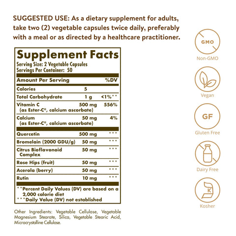 Solgar Quercetin Complex With Ester-C Plus 100 Vegetable Capsules - Supports Immune Health Antioxidant - Gentle On The Stomach Vitamin C - Non-Gmo Vegan Gluten/Dairy Free 50 Servings