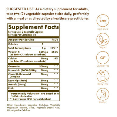 Solgar Quercetin Complex With Ester-C Plus 100 Vegetable Capsules - 50 Servings Vitamin C 1000 Mg 100 Vegetable Capsules - Antioxidant & Immune Support - Overall Health