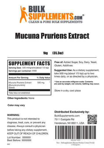 BulkSupplements Mucuna Pruriens Extract Powder - Herbal Extract Supplement, from Mucuna Pruriens Seed - - 500mg , 2000 Servings (1 Kilogram - 2.2 lbs)