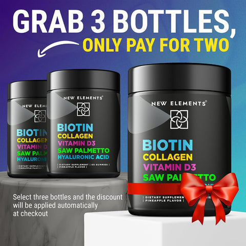 Elements Biotin Gummies With Collagen Vitamin D3 Saw Palmetto & Hyaluronic Acid For Hair Skin And Nails Hair Growth Supplement For Men & Women Non-Gmo Gluten- Natural Pineapple Flavor