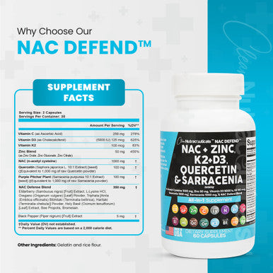 NAC Supplement N-Acetyl Cysteine 1000mg Vitamin D3 K2 Zinc Quercetin 1000mg Sarracenia Purpurea 1000mg with Elderberry Holy Basil Bee Propolis Bromelain L-Lysine - 60 Count