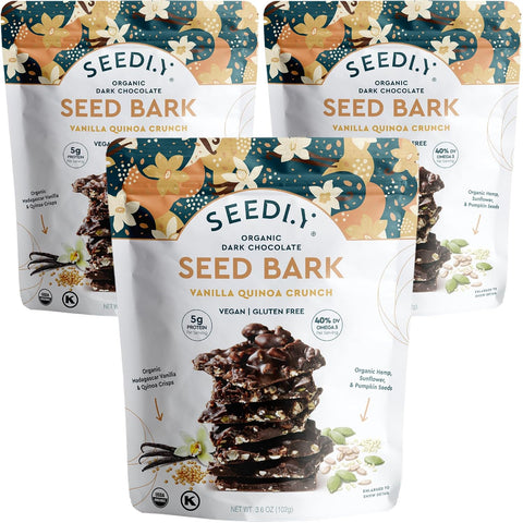 SEEDLY Organic 70% Dark Chocolate Snacking Bark with 20g Protein 50% less sugar Raspberry Bliss Keto Vegan Snacks Gluten Low Carb Paleo NonGMO SteviaFree No Weird Additives 3.6oz (Pack of 3)