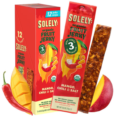 Solely - Organic Mango Fruit Jerky - 12 Individually Wrapped Fruit Strips - Fruit Leather Made from Dried Fruits - Healthy Snacks, Vegan - 0.8oz (23g)