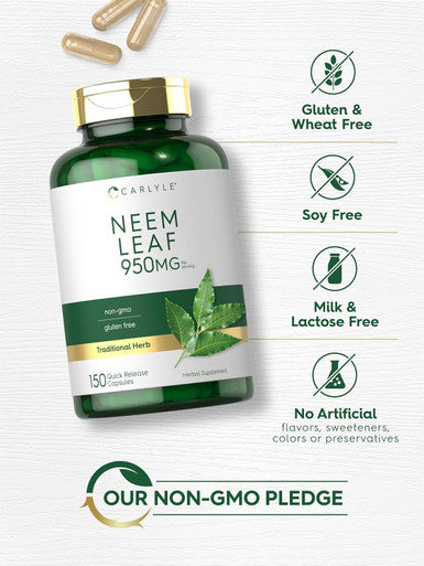 Carlyle Neem Leaf | 950mg | 150 Powder Capsules | Non-GMO and Gluten Formula | Value Size | Traditional Herbal Supplement | Azadirachta Indica