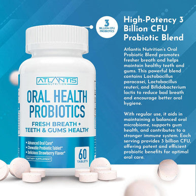 Atlantis Nutrition Oral Probiotics Chewable Tablet - Dental Probiotic For Gum Care & Teeth Care - Bad Breath Treatment For Adults - 3 Billion Cfu Probiotic Blend - Strawberry Flavor - 60 Tablets