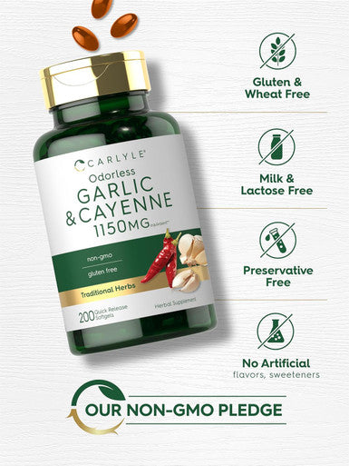 Carlyle Odorless Garlic and Cayenne 1150mg | 200 Softgels | Non-GMO Gluten Supplement
