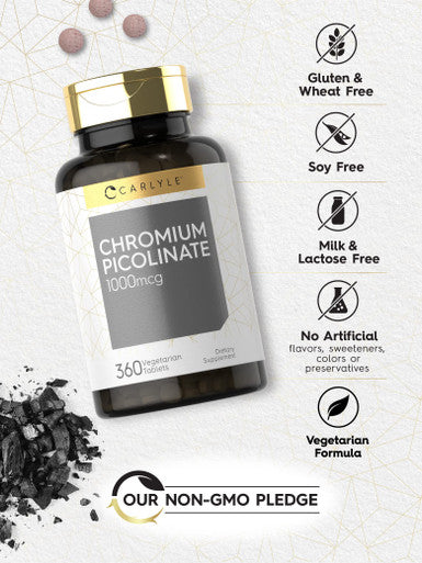 Ultra Chromium Picolinate 1000Mcg | 360 Tablets | Vegetarian, Non-Gmo, Gluten Free | By Carlyle