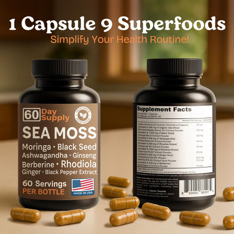 Atlantic Naturals Sea Moss Capsules Irish Sea Moss with Black Seed Oil Ashwagandha Moringa Ginseng and Ginger for Energy Vitality and Wellness Nutritional Supplement Made in USA 60 Capsules