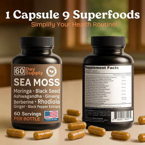 Atlantic Naturals Sea Moss Capsules â€“ Irish Sea Moss With Black Seed Oil Ashwagandha Moringa Ginseng & Ginger For Energy Vitality & Wellness â€“ Nutritional Supplement â€“ Made In Usa â€“ 60 Capsules