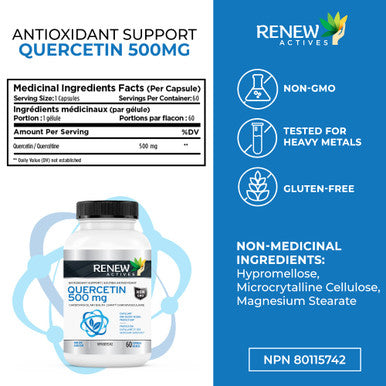 Renew Actives Quercetin 500Mg - Max Potency, Natural Bioflavonoid Antioxidant - Free Radical Defense, Powerful Immune & Circulatory Protection - Boosted Energy For A Healthier Lifestyle - 60 Capsules