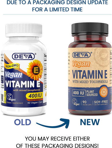 DEVA Vegan Vitamins Vitamin E 400IU with Mixed Tocopherols, Soy-, Non-GMO, 90 Capsules, 1-Pack