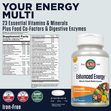 Kal Enhanced Energy Supplements, Once Daily Whole Food Multivitamin For Women And Men, Iron Free, 23 Essential Vitamins, Minerals, Super Foods, Digestive Enzymes, 60-Day , 60 Serv, 60 Vegtabs