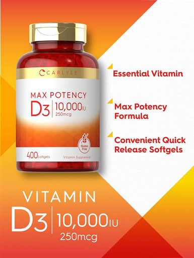 Carlyle Vitamin D 10000 IU 400 Softgels | Value Size | Max Potency | Non-GMO Gluten Supplement