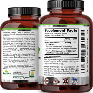 Zazzee USDA Organic Lion's Mane 20:1 Extract 30% Polysaccharides 16,000 mg Strength 120 Vegan Capsules Nootropic for Brain Health Focus Memory Concentration and Immune Support Made in The USA