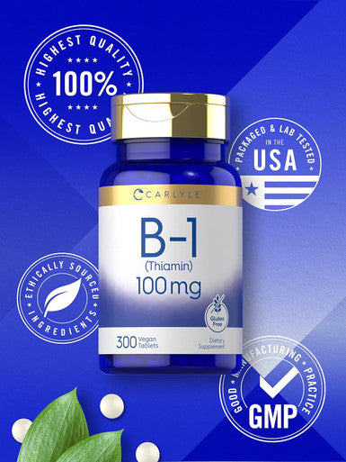 Carlyle Vitamin B-1 | 100mg | 300 Tablets | Non-GMO and Gluten Thiamin Supplement