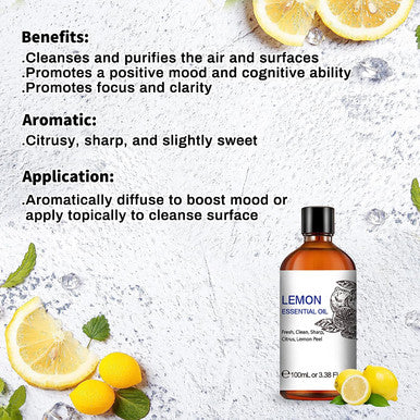 Lemon Essential Oil,Pure Natural Therapeutic Grade Lemon Oil Perfect for Furniture Cleansing Diffuser Massage and Skin Care-3.38 Fl Oz.