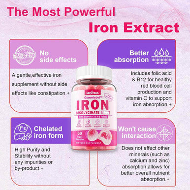 Iron Bisglycinate 26Mg Filled Gummies- Gentle Beet Root Iron Gummy Plus Vitamin C, Supplement Iron With B12 & Folate For Women & Men, Iron Deficiency, Immune & Energy Support, Sugar-Free, Vegan,120Cts