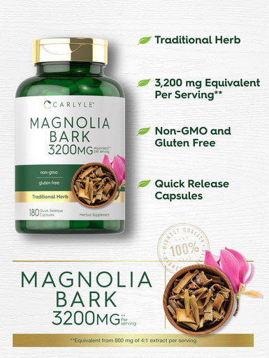 Carlyle Magnolia Bark 3200 mg | 180 Powder Capsules | Herbal Extract Supplement | Non-GMO Gluten
