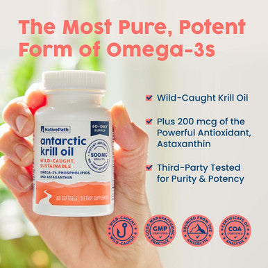 NativePath Antarctic Krill Oil - Wild-Caught Omega 3 Krill Oil 500mg Softgels with EPA DHA and Astaxanthin - Supplement for Joint Heart Brain and Immunity - 60 ct - No Fishy Aftertaste