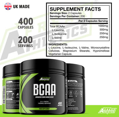 BCAA Amino Acid Support 400 Capsules - 500mg BCAA Tablets 1000mg Per Serving - 2:1:1 Ratio of L Leucine, L Isoleucine & L Valine - Made in The UK - Suitable for Both Men & Women