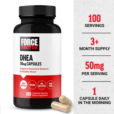 Force Factor DHEA 50mg DHEA Supplement for Women and Men to Support Hormone Balance and Healthy Mood Premium Quality Vegan Friendly Non-GMO 100 Vegetable Capsules