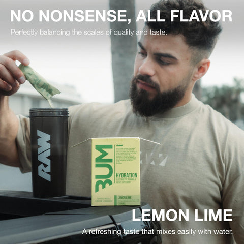 Raw Electrolytes Powder Hydration Drink Mix Packets Bum Hydrate (Lemon Lime 20 Servings) - Electrolyte Hydration Packets Supports Muscle Function & Endurance - Keto Free Electrolytes Powder Packets