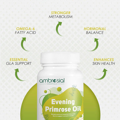 Ambrosial Ambrosial Evening Primrose Oil 1000mg (EPO) | Cold Pressed Evening Primrose Oil Capsules | Rich Source of Omega 6 Fatty Acids & GLA | High Strength Evening Primrose Capsules (Pack of 1-60 Softgels)