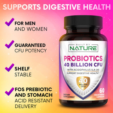 Built Nature Probiotics 40 Billion Cfu - 4 Diverse Strains + Prebiotic - Digestive & Gut Health - Supports Occasional Constipation, Diarrhea, Gas & Bloating - Probiotics For Women & Men - 60 Capsule