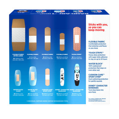 Band-Aid Brand Adhesive Bandage Family Variety Pack In Assorted Sizes Including Water Block, Sport Strip, Tough Strips, Flexible Fabric And Disney Bandages For First Aid And Wound Care, 120 Ct