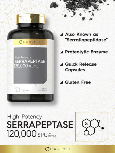 Carlyle Serrapeptase 120000 SPU | 120 Capsules | Supports Sinus Health | Gluten Enzyme Supplement